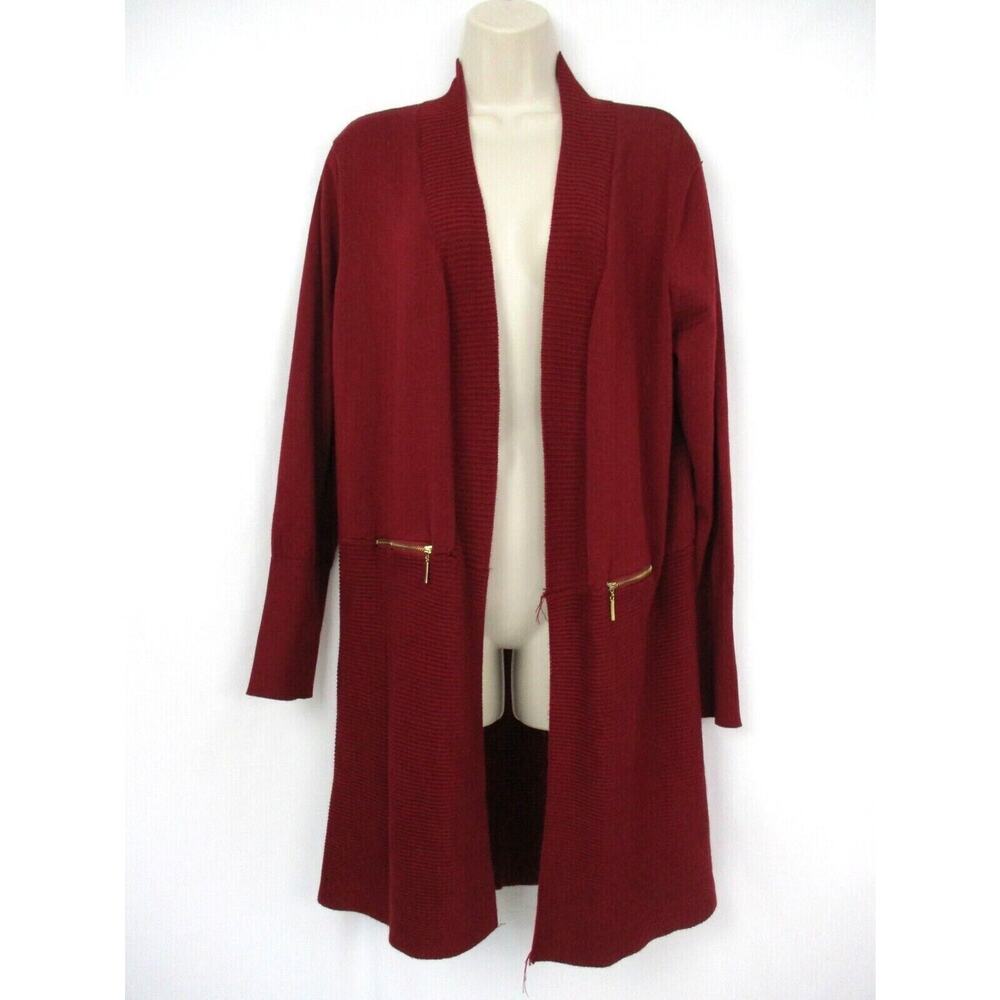 Joan Vass New York Cardigan Sweater Womens Medium Red Long Tunic Zipper Pockets